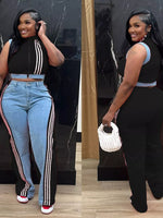 Zip Front Crop Top and Striped Pants Set