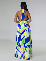 Halter Neck Geometric Print Pleated Maxi Dress