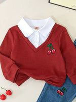Children's Cherry Embroidered Knit Top and Jeans Set