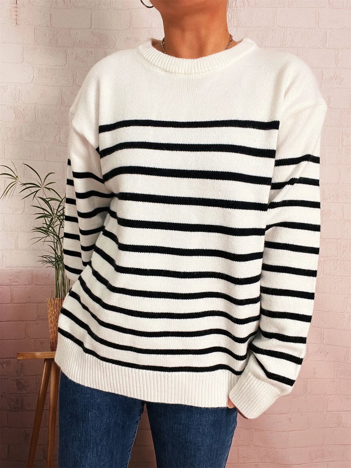 Striped Round Neck Drop Shoulder Sweater