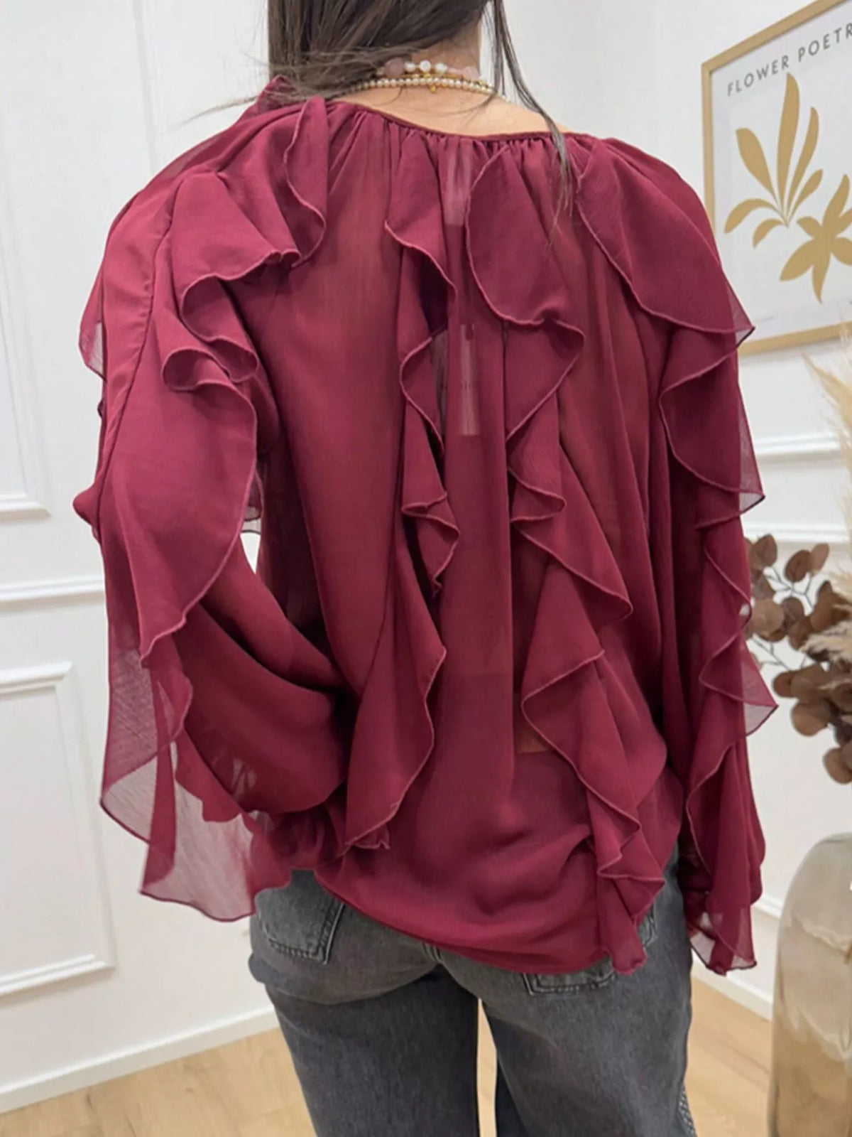 Ruffled Sheer Long Sleeve Blouse
