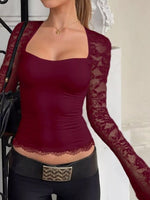 Sheer Lace Sleeve Square Neck T-Shirt