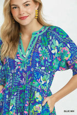 Umgee Mix Botanical Print Puff Sleeve Tiered Dress