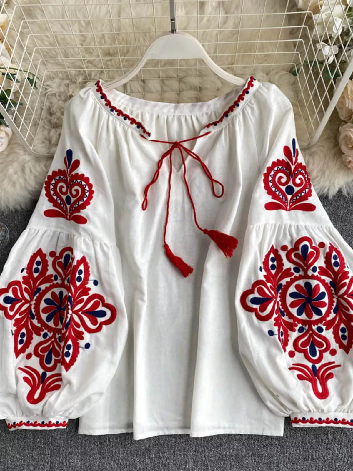 Embroidered Tassel Tie Neck Blouse