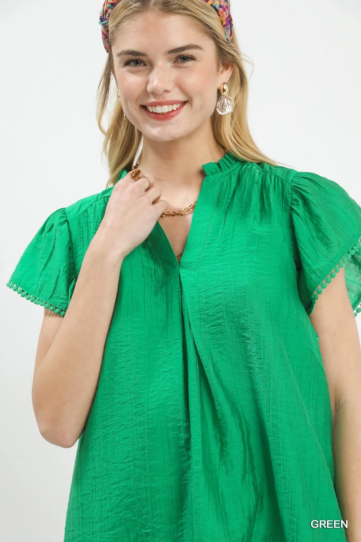 Umgee Flutter Sleeve Relaxed Top with Trim Detail