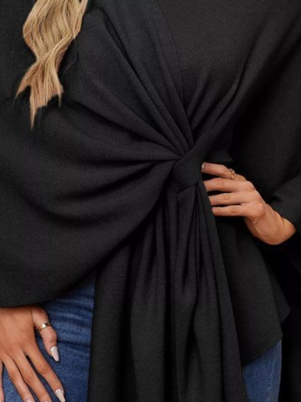 Solid Color Tie-Front Knit Cape Top