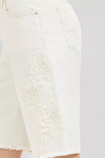RISEN Slouchy Relaxed Floral Embroidered Bermuda Denim Shorts