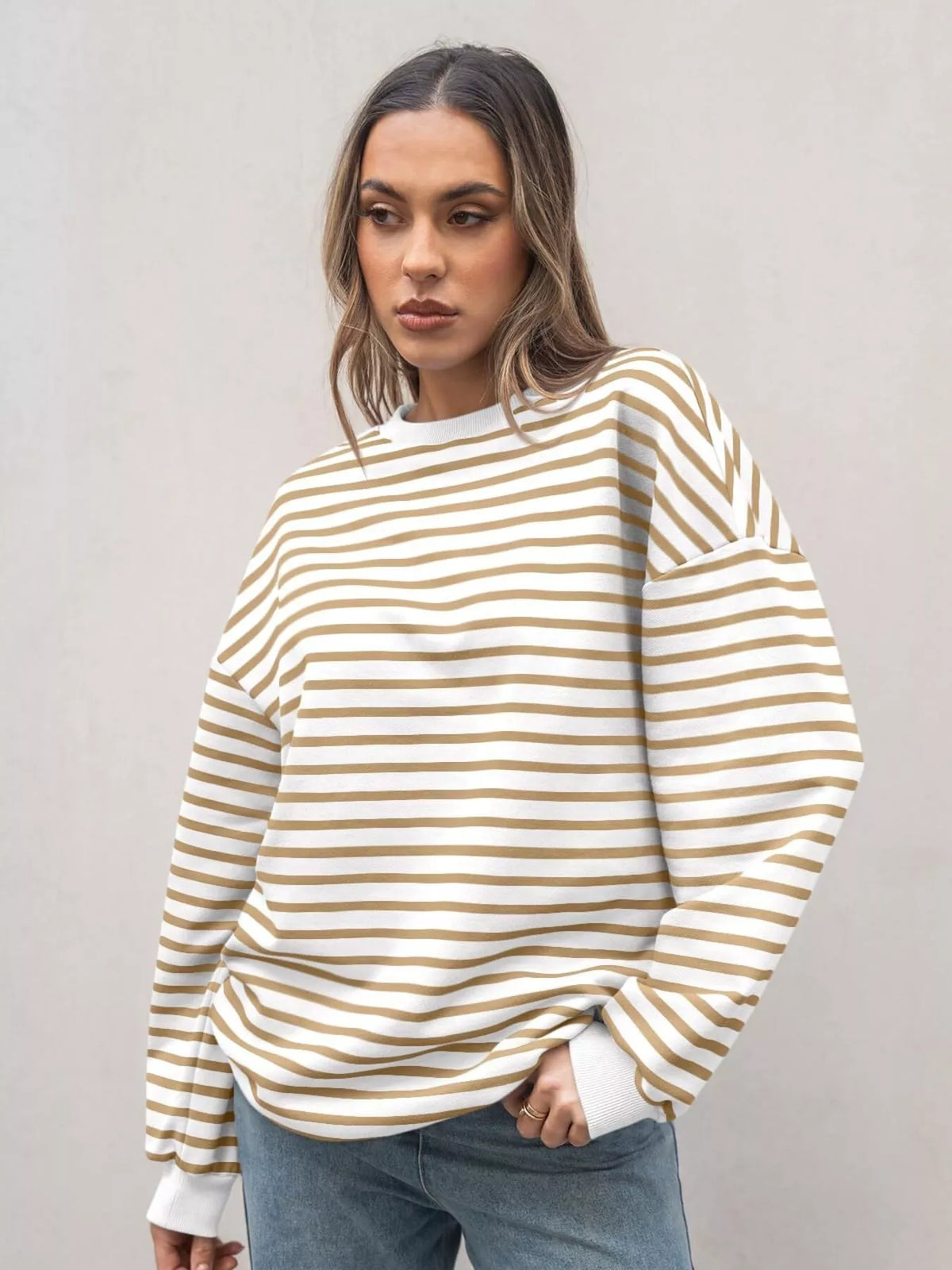 Striped Round Neck Oversized Casual Sweatshirt