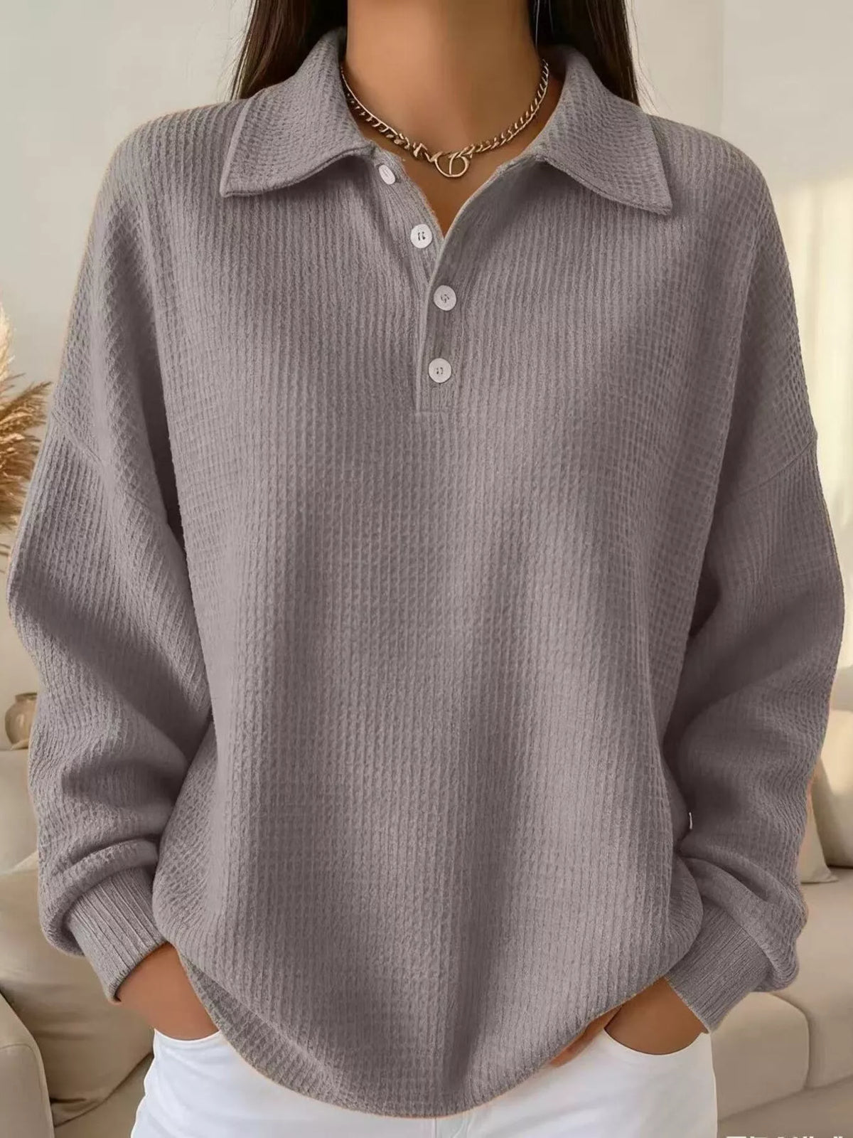 Full Size Waffle Knit Button Detail Top Plus Size