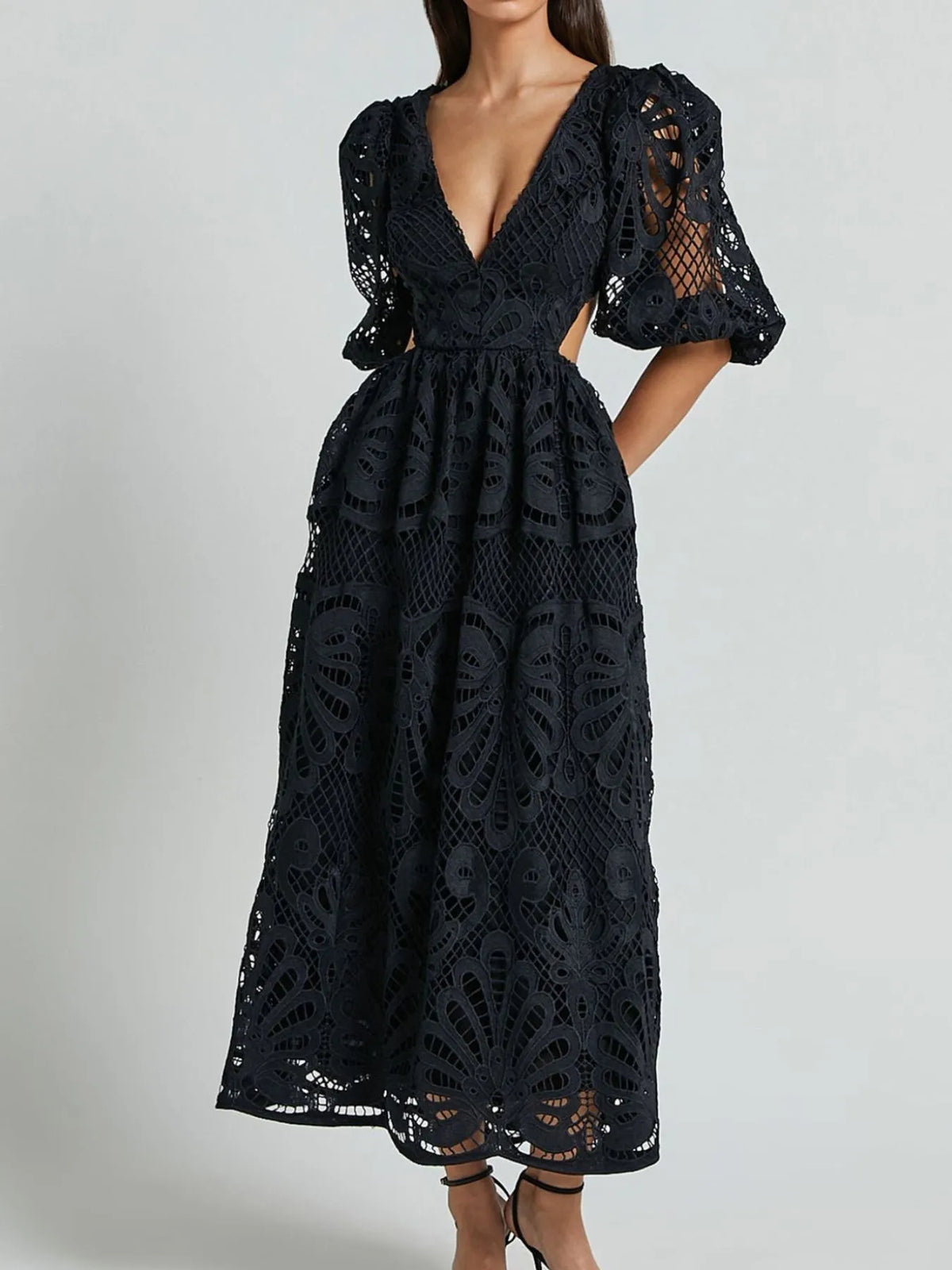 Cutout Back Lace Crochet V-Neck Dress