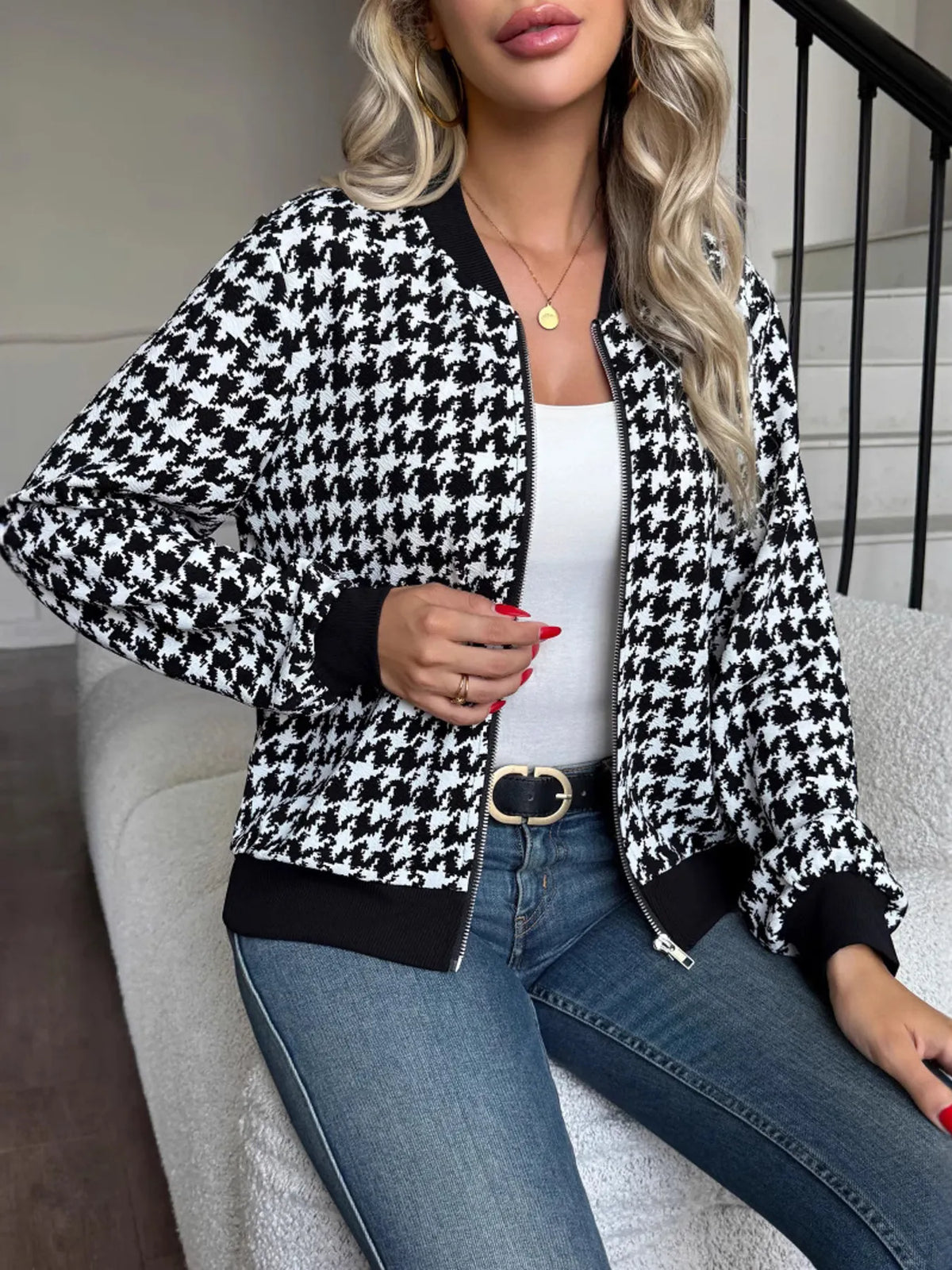 Zip Up Houndstooth Pattern Jacket