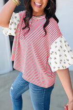 Stripe Floral Puff Sleeve Patchwork Round Neck Loose Top