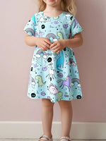 Children's Cute Cartoon Dinosaur & Unicorn Print Casual Dress
