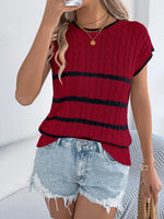 Cable-Knit Striped Round Neck Knit Top