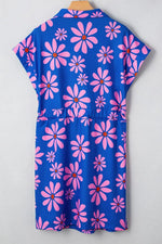 Floral Print Zip Collar Drawstring Summer Mini Dress