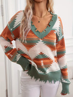 Geometric Frayed Hem V-Neck Long Sleeve Sweater