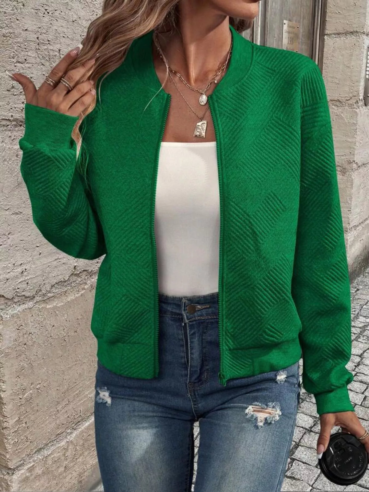Zip-Up Textured Long Sleeve Jacket
