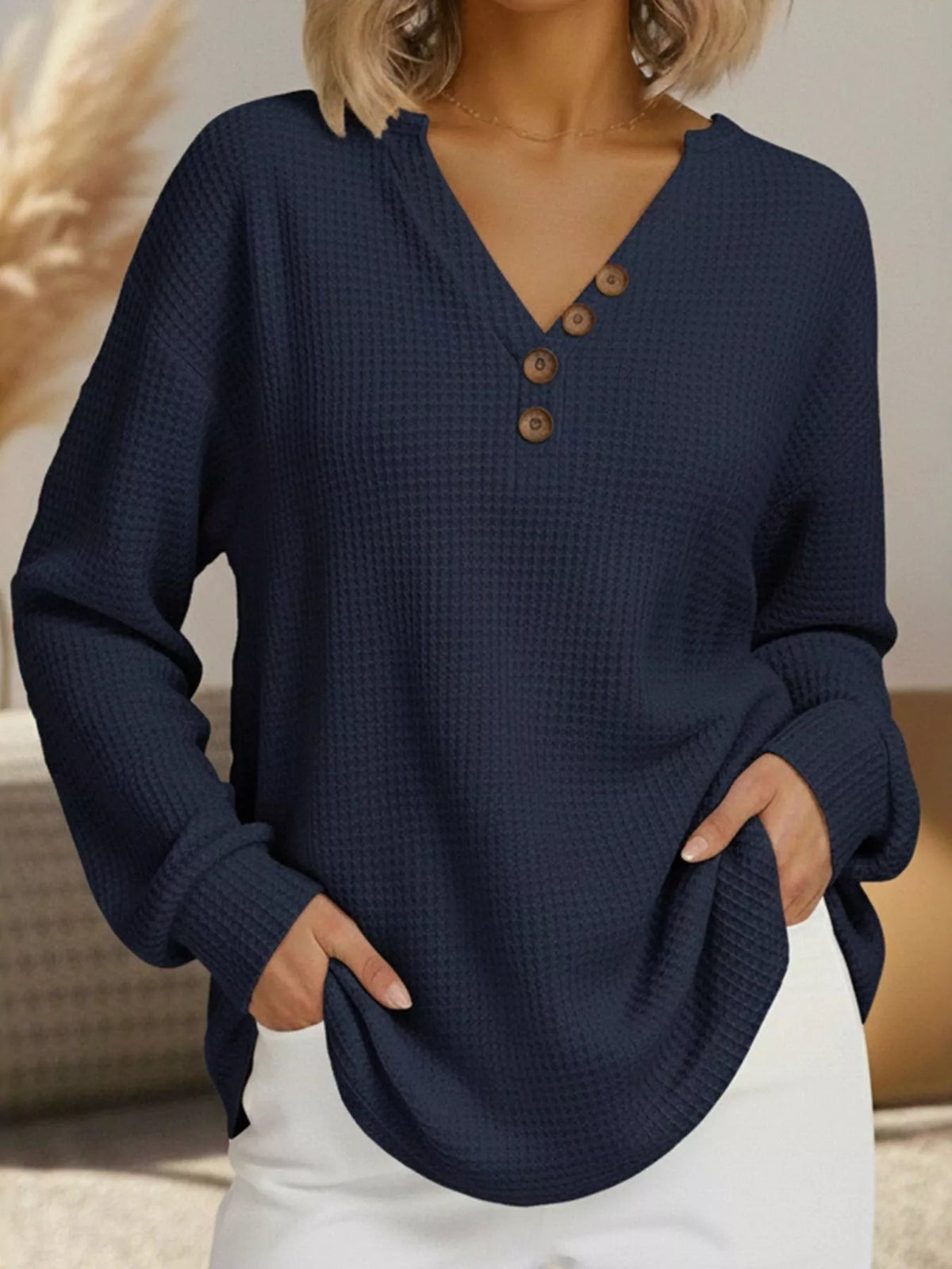 Full Size Casual Waffle Knit Long Sleeve T-Shirt Plus Size
