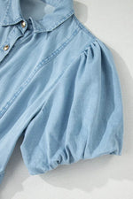 Full Buttons Collared Short Bubble Sleeve Long Denim Dress