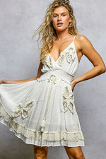 POL V-Neck Embroidered Tassel Smocked Waist Mini Dress