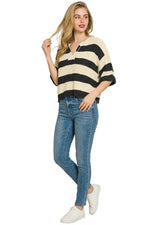 Zenana Split Neck Stripe Sweater
