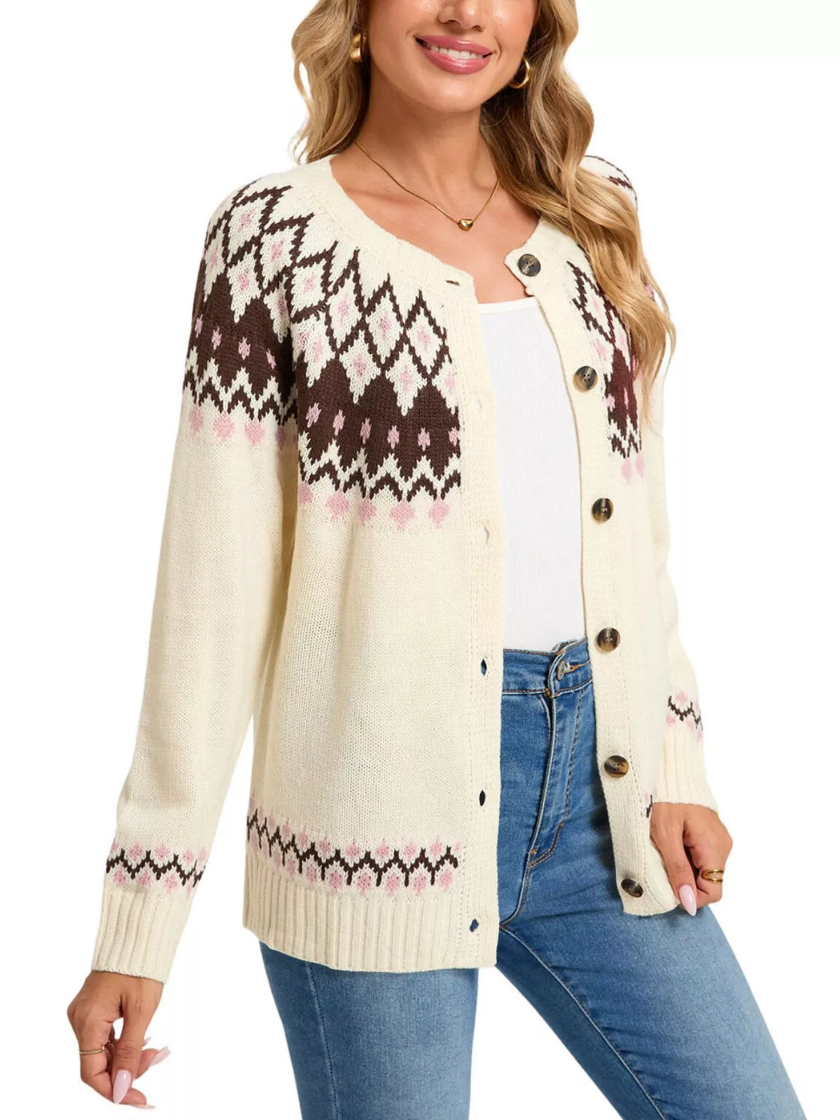 Fair Isle Patterned Button-Down Knit Cardigan