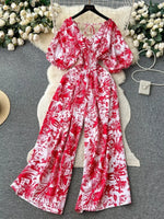 Smocked V-Neck Wide Leg Jumpsuit
