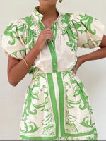 Puff Sleeve Printed Top and Zip Back Skirt Set