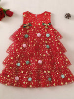 Children's Star Print Pom-Pom Embellishments Tulle Dress