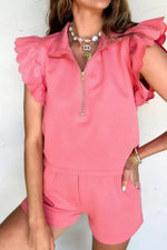 Half Zipped Ruffled Top and Shorts Set