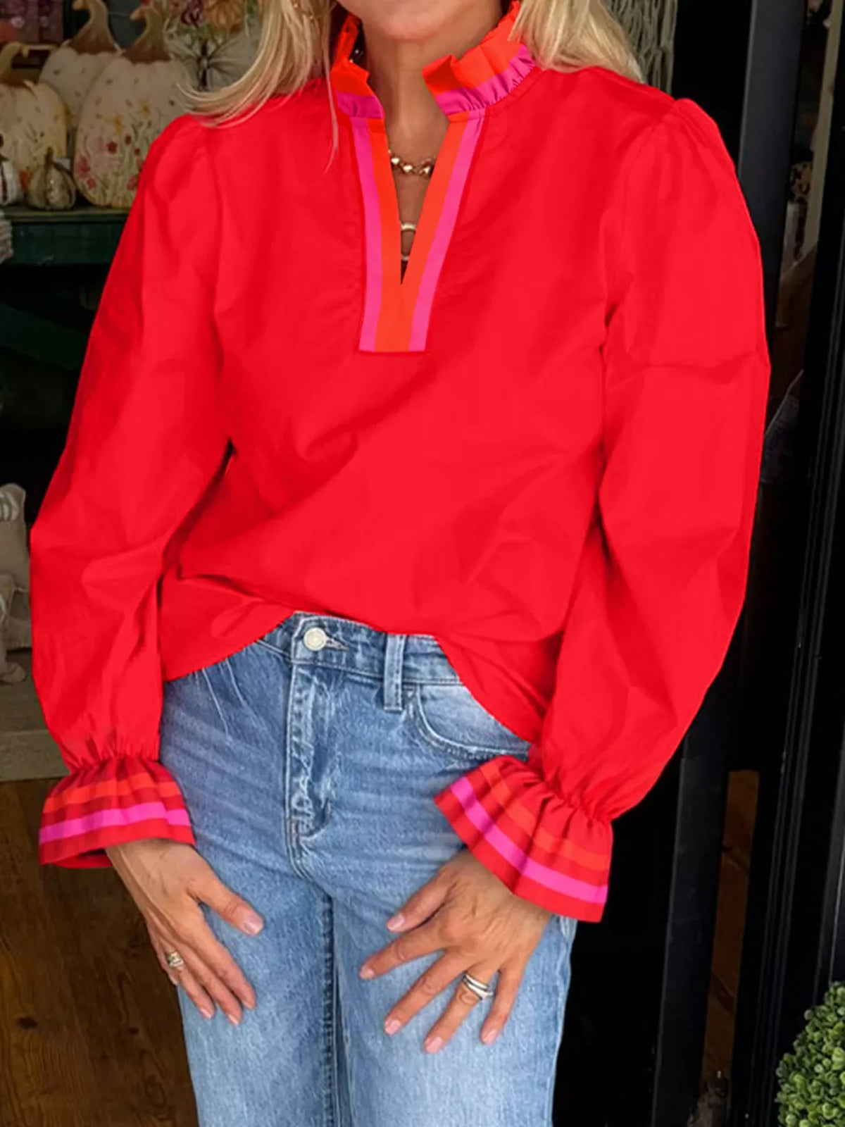 Striped Trim Ruffle Split Neck Long Sleeve Blouse