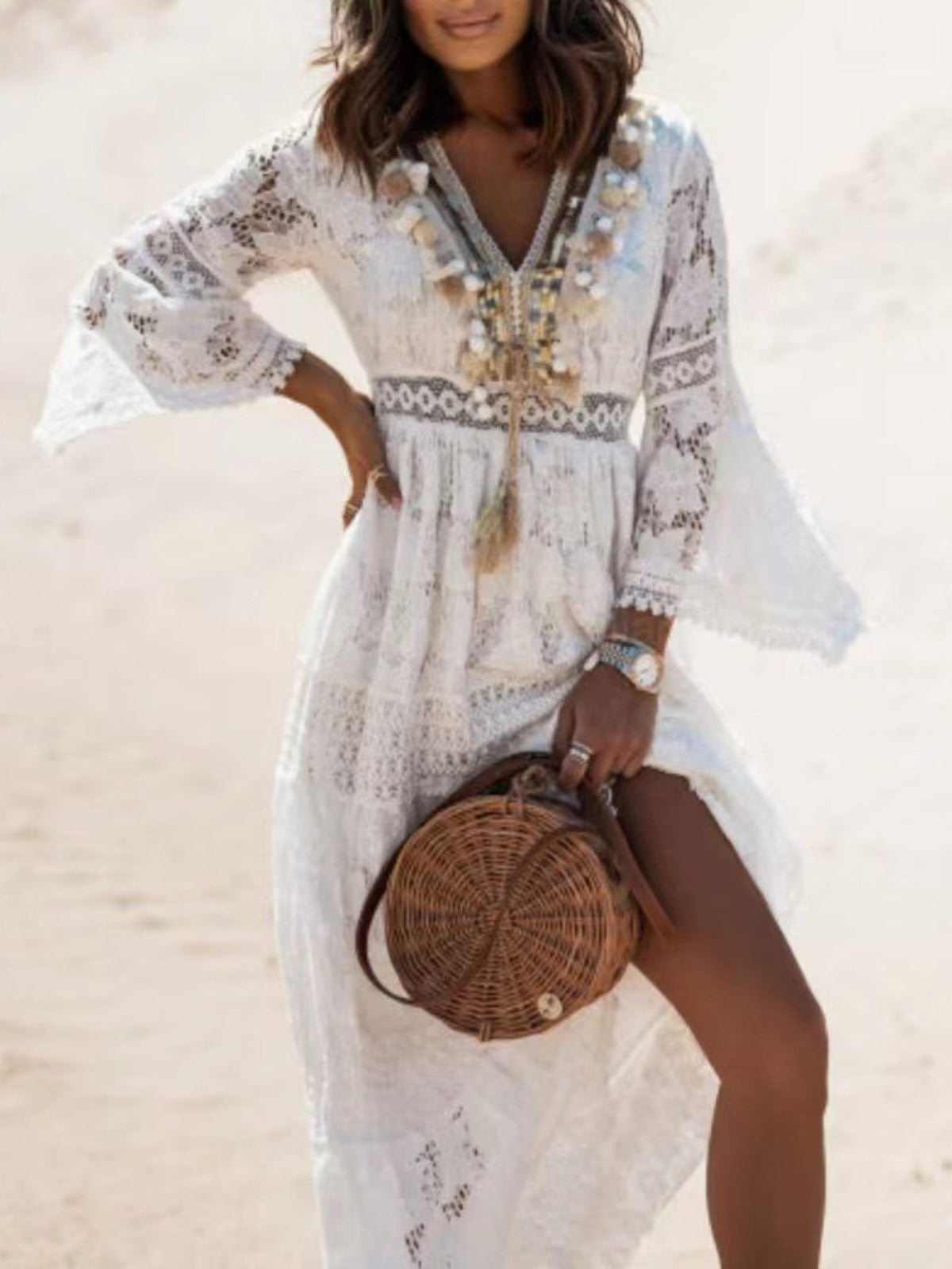Bohemian Lace Maxi Dress with Bell Sleeves