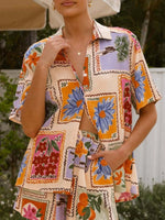 Printed Button Up Shirt and Shorts Set