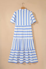 Stripe Ricrac Trim Notched Neck Half Sleeve Vacation Dress