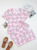 Santa Claus Print V Neck Tee Drawstring Pants 2pcs Lounge Set