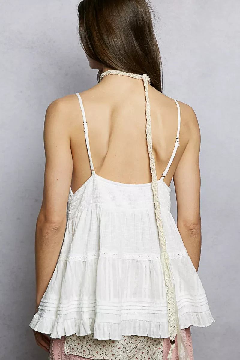 POL Button Front V-Neck Ruffled Cami with Pintuck Accents