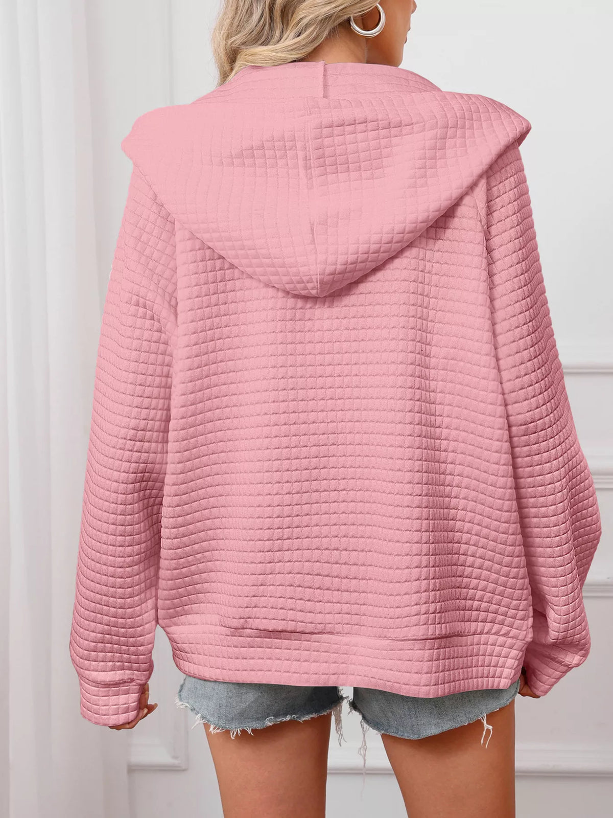 Full Size Textured Quilted Zip-Up Hooded Jacket Plus Size