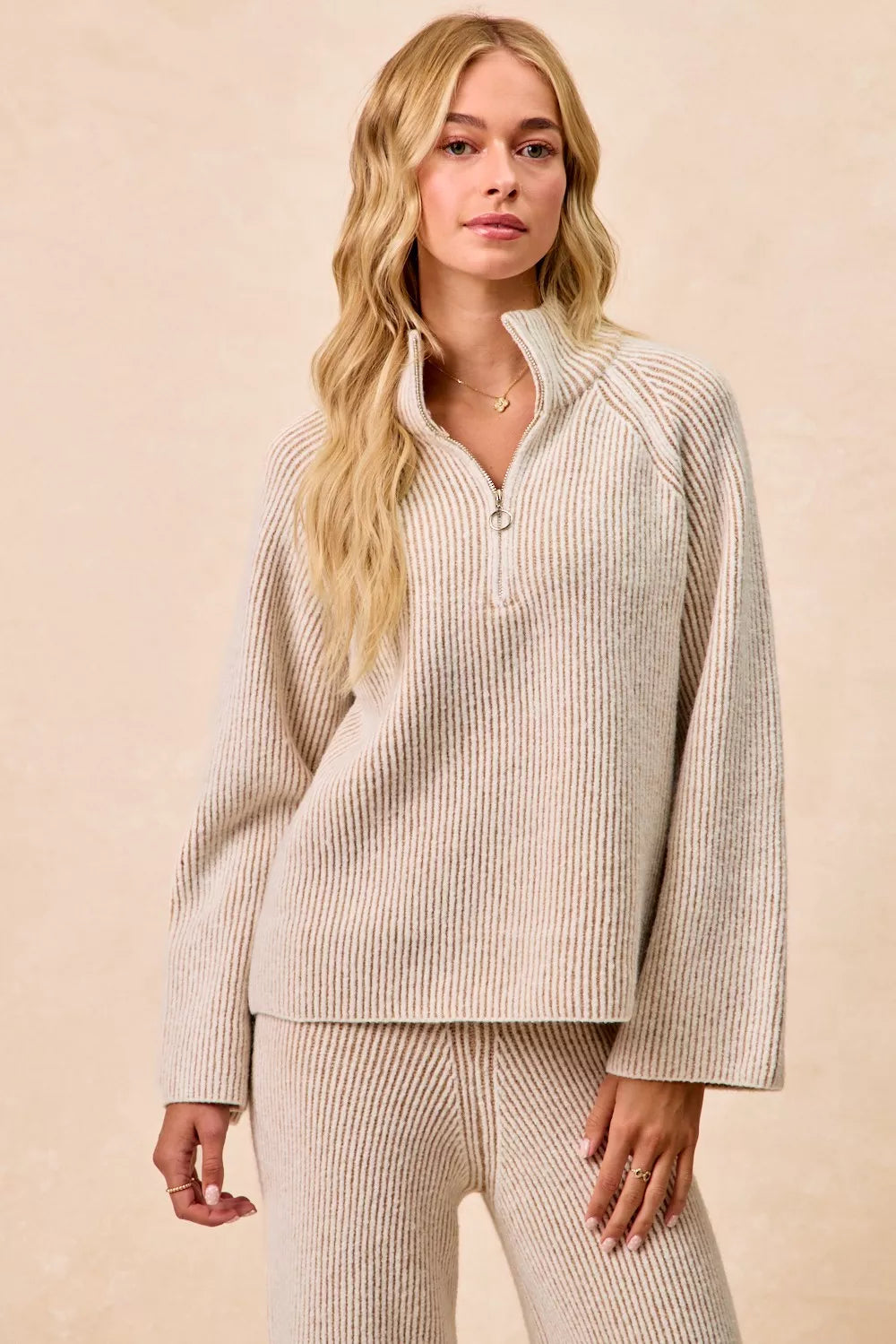 BiBi Two Tone Rib Texured Knit Collared Top with Zip Up