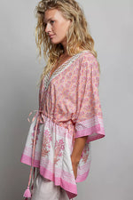 POL Block Print Floral Tie Front Boho Blouse