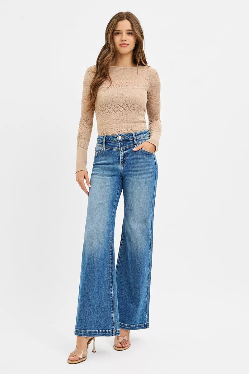 RISEN High Rise Wide Leg Jenas with Front Yoke and Heart Back Pocket
