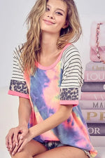 BiBi Tie Dye French Terry Top With Stripe Raglan