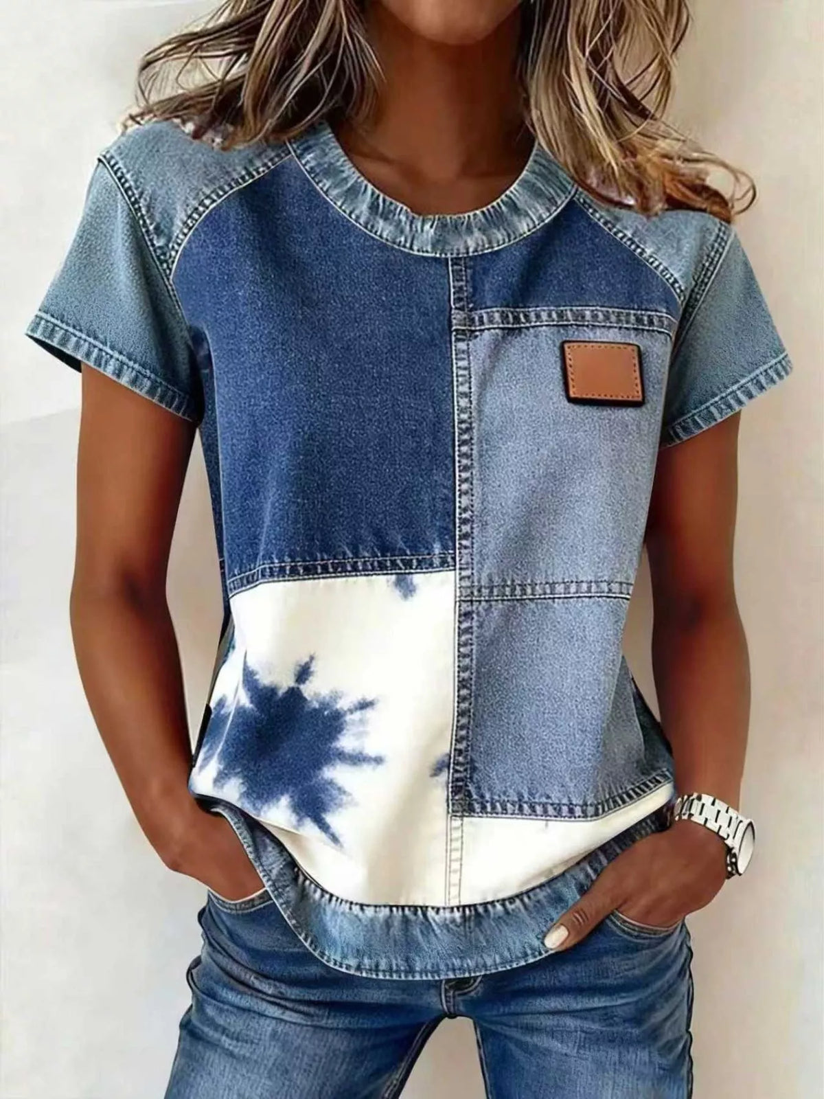 Denim Patchwork Short Sleeve Blouse