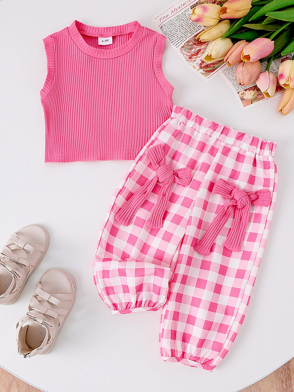 Children's Ribbed Tank Top and Plaid Pants Set with Bows