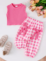 Children's Ribbed Tank Top and Plaid Pants Set with Bows