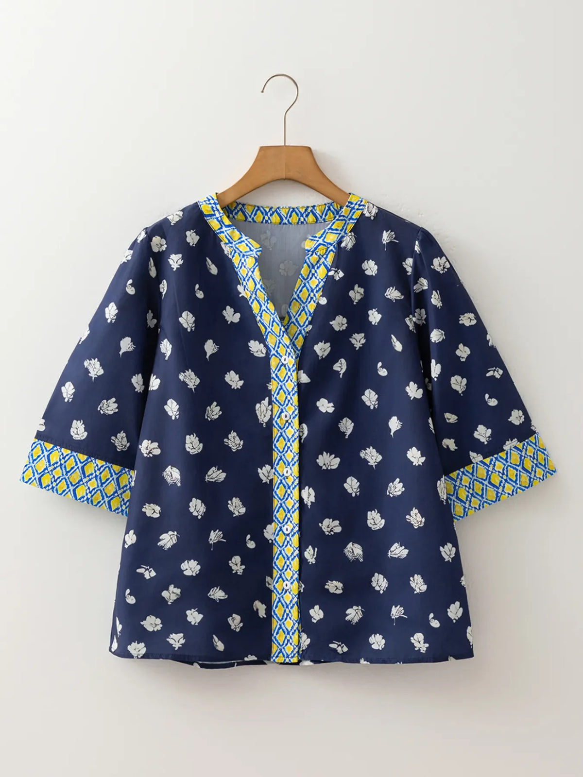 Floral Print Half Sleeve Contrast Trim Blouse
