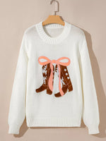Embroidered Bow Boots Graphic Drop Shoulder Sweater