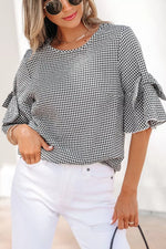 Gingham Bow Half Sleeve Blouse