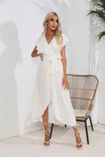 Tied Front Ruffled Short Sleeve Midi Dress
