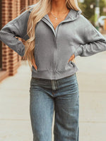 Waffle Splicing Zip Up Front Button Hooded Jacket