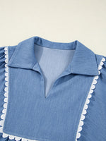 Collared Neck Contrast Trim Balloon Sleeve Blouse